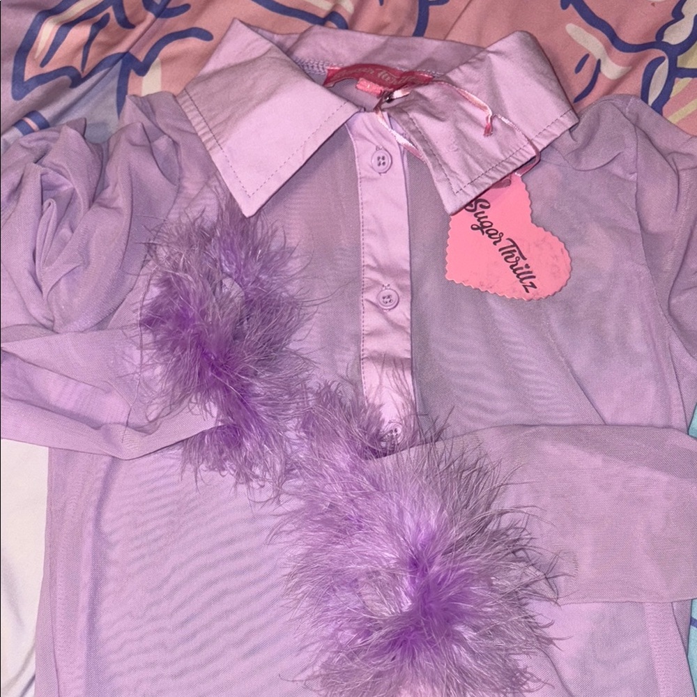 LAST CALL Sugar Thrillz Mesh Shirt with Feather Detail